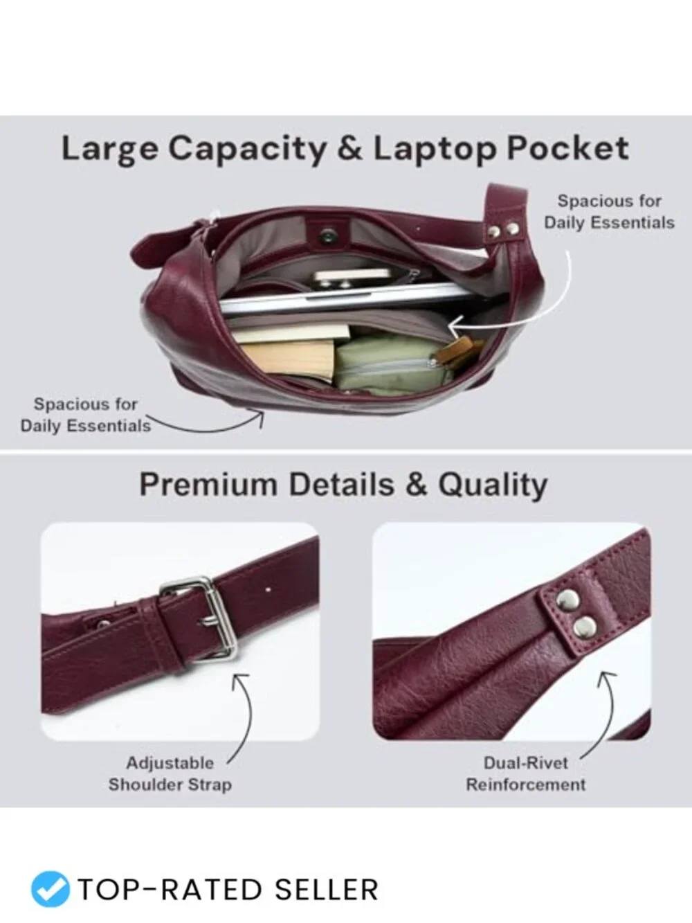 Vegan Leather Slouchy Hobo Shoulder Tote with Matching Pouch, Laptop Bag
